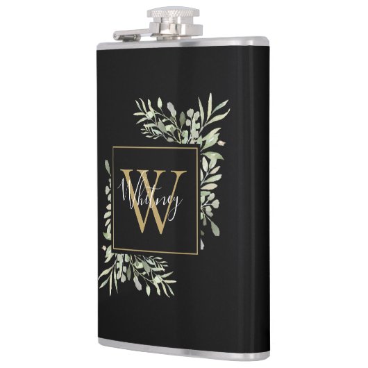 Zwart Gouden Monogram Groene Bloemen  Heupfles (Links)