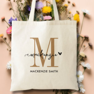 Zwart Gouden Monogram Initiaal Script Naam Hart Tote Bag