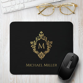 Zwart Gouden Monogram Initiaal Vintage Crest Elega Muismat