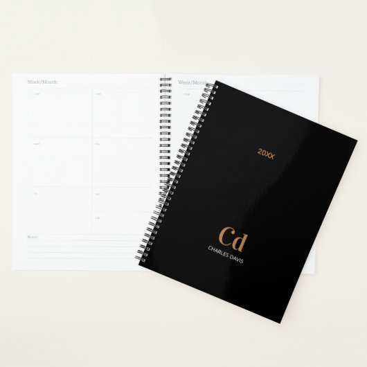Zwart gouden monogram initialen 2025 planner (Display)