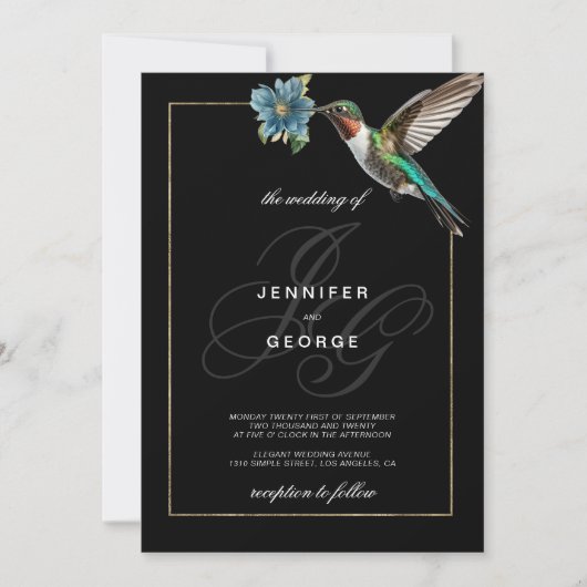 Zwart gouden monogram initialen kolibrie bruiloft kaart (Voorkant)