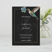 Zwart gouden monogram initialen kolibrie bruiloft kaart (Staand voorkant)