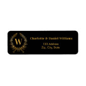Zwart gouden monogram initialen krans retouradres etiket (Voorkant)