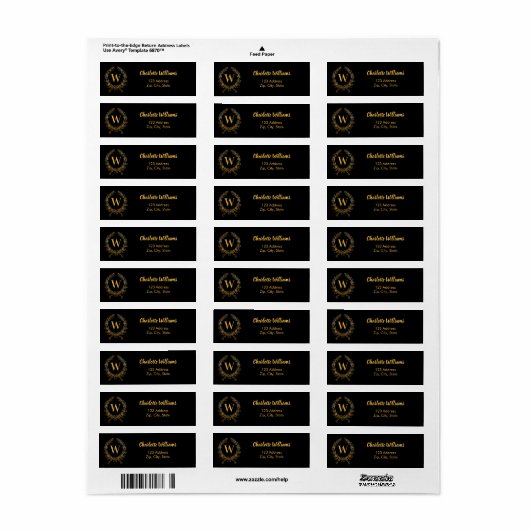 Zwart gouden monogram initialen krans retouradres etiket (Full Sheet)
