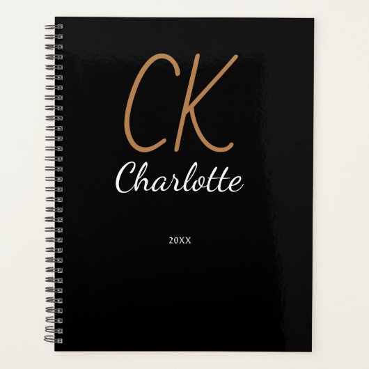 Zwart gouden monogram initialen naam 2025 planner (Voorkant)