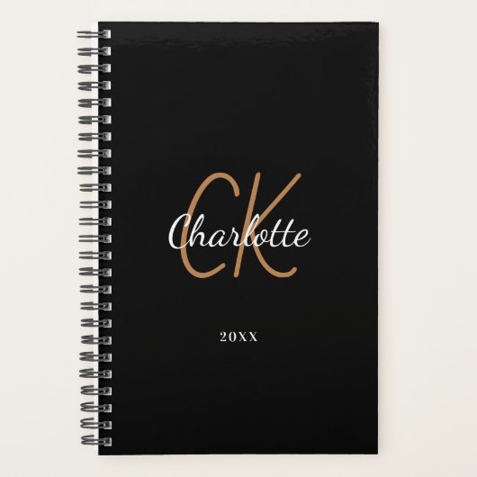 Zwart gouden monogram initialen naam minimalistisc planner (Voorkant)