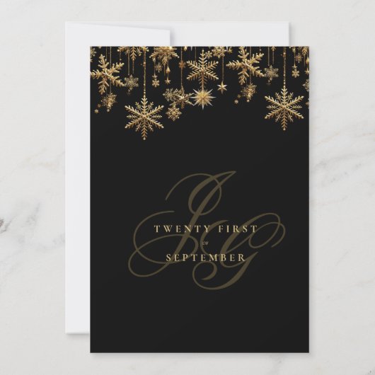 Zwart gouden monogram initialen sneeuwvlokken Trou Kaart (Achterkant)