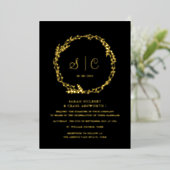 Zwart Gouden Monogrammen Bloemen Botanicals Krans Folie Uitnodiging (Staand Voorkant)