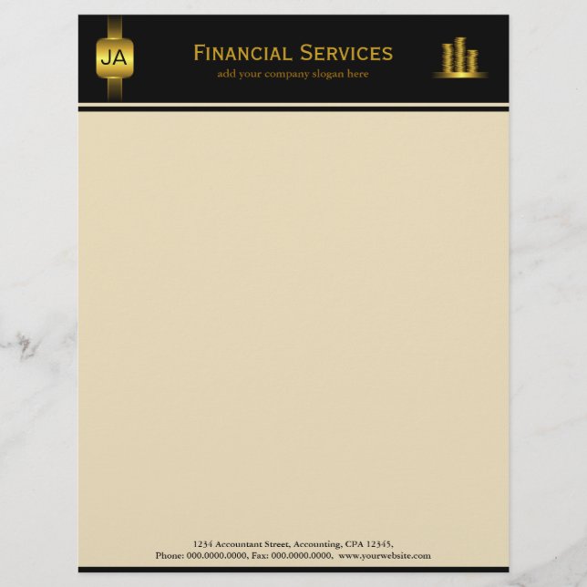Zwart Gouden Munten Accountant Zakelijk Letterhoof Gepersonaliseerd Briefhoofd (Voorkant)