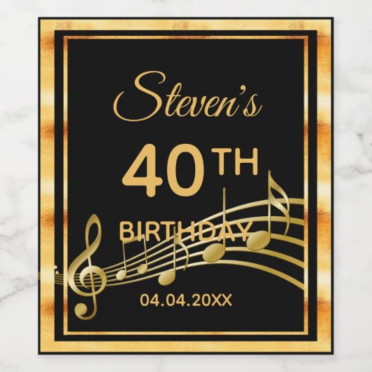 Zwart gouden muzieknoten 40ste verjaardagsfeestje wijn etiket (Enkel label)