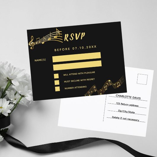 Zwart gouden muzieknoten retouradres RSVP kaart