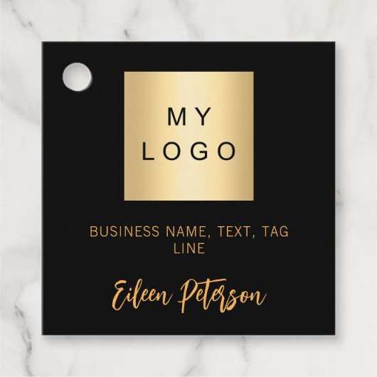 Zwart gouden naam handtekening bedrijf logo hang l bedankjes labels (Voorkant)