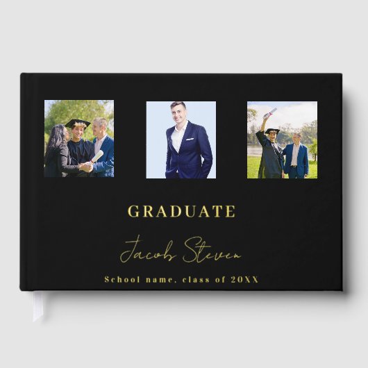 Zwart gouden naam script foto Afstuderen Gastenboek (Voorkant)