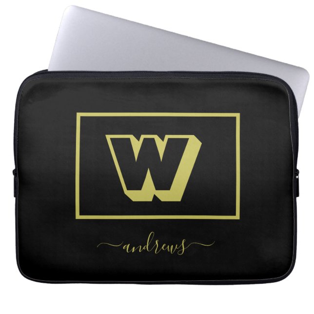 Zwart-gouden op maat gemaakte monogram laptop sleeve (Voorkant)