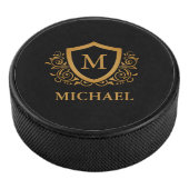 Zwart-gouden, op maat gesneden stijlvol monogram hockey puck (3/4)