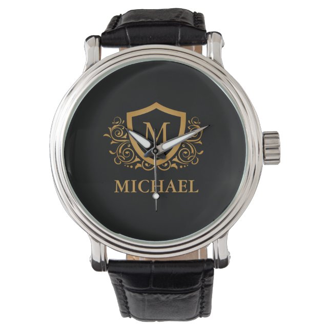 Zwart-gouden, op maat gesneden stijlvol monogram horloge (Voorkant)