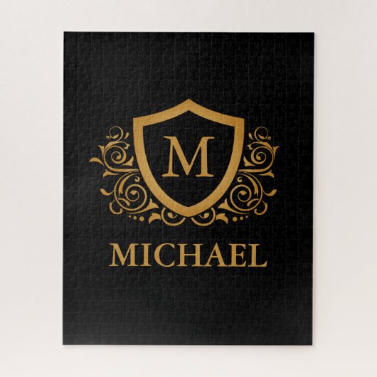 Zwart-gouden, op maat gesneden stijlvol monogram legpuzzel (Verticaal)