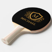 Zwart-gouden, op maat gesneden stijlvol monogram tafeltennisbatje (Voorkant Gekanteld)