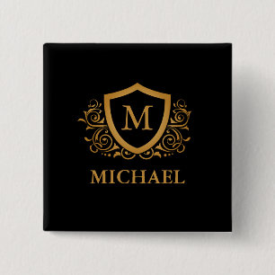 Zwart-gouden, op maat gesneden stijlvol monogram vierkante button 5,1 cm
