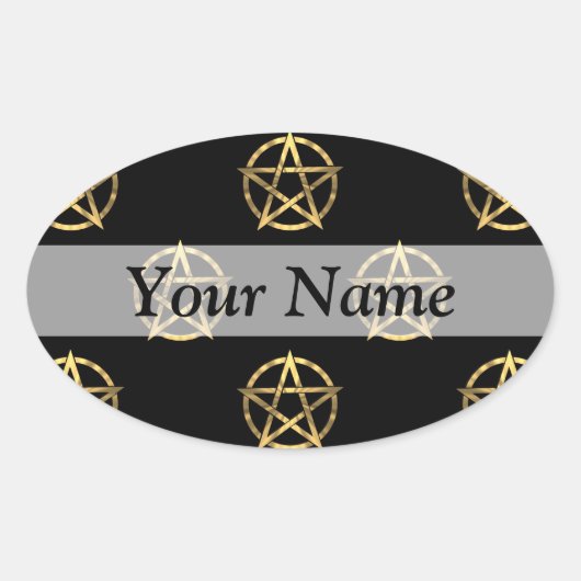 Zwart-gouden pentagram ovale sticker (Voorkant)