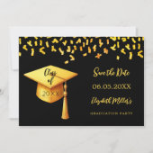 Zwart gouden pet confetti Afstudeerfeest Save The Date (Voorkant)