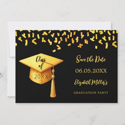 Zwart gouden pet confetti Afstudeerfeest Save The Date (Voorkant)