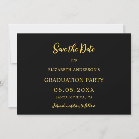 Zwart gouden pet confetti Afstudeerfeest Save The Date (Achterkant)