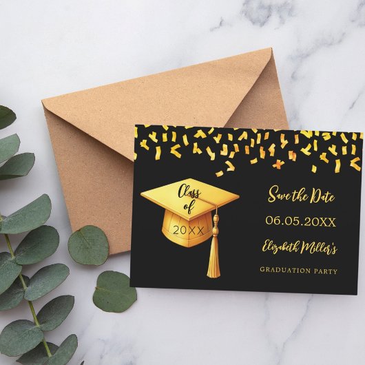 Zwart gouden pet confetti Afstudeerfeest Save The Date