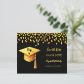 Zwart gouden pet Graduation Party Save the Date ka (Staand voorkant)