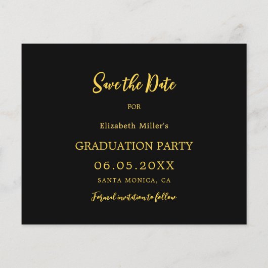 Zwart gouden pet Graduation Party Save the Date ka (Achterkant)