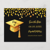 Zwart gouden pet Graduation Party Save the Date ka (Voorkant)
