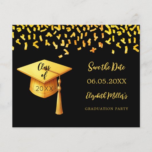 Zwart gouden pet Graduation Party Save the Date ka (Voorkant)