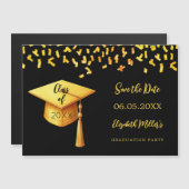 Zwart gouden pet Graduation Party Save the Date ka Magnetische Uitnodiging (Voorkant / Achterkant)