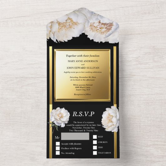 Zwart gouden pioen bloemen bloem bruiloft luxe all in one uitnodiging (Binnen)