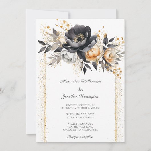 Zwart & Gouden Pioenrozen met Glitter Effect Bruil Kaart (Voorkant)