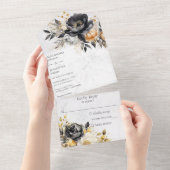 Zwart & Gouden Pioenrozen op Marmer All In One Uitnodiging (Afscheurbaar)