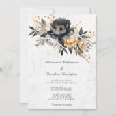 Zwart & Gouden Pioenrozen op Marmeren Bruiloft Kaart (Voorkant)