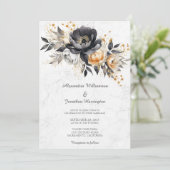 Zwart & Gouden Pioenrozen op Marmeren Bruiloft Kaart (Staand voorkant)