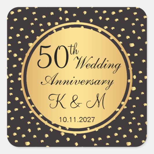 Zwart & gouden polka stippen 50e bruiloft Jubileum Vierkante Sticker (Voorkant)