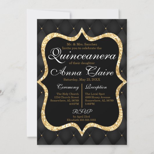 Zwart-gouden Quinceanera Kaart (Achterkant)