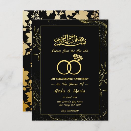 Zwart Gouden Ring Islamitisch Verloving Briefkaart (Voorkant / Achterkant)