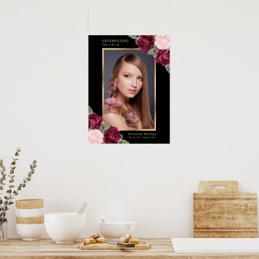 Zwart Gouden Rode Bloem Foto Herdenking Rouw Teken Poster (Keuken)