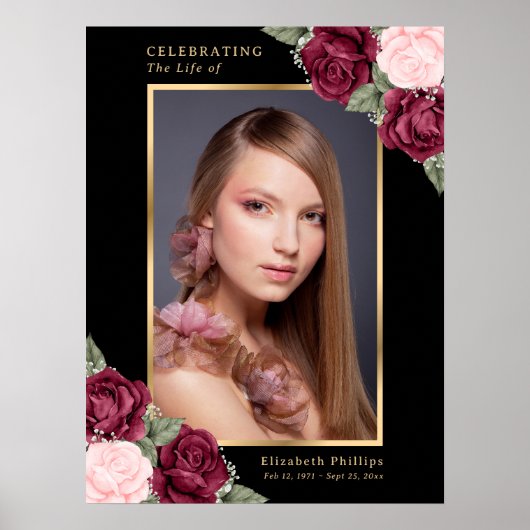 Zwart Gouden Rode Bloem Foto Herdenking Rouw Teken Poster (Voorkant)