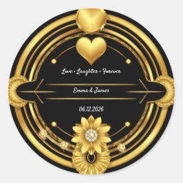 🌟 Zwart Gouden Romantische Trouw Crest 💛 Ronde Sticker