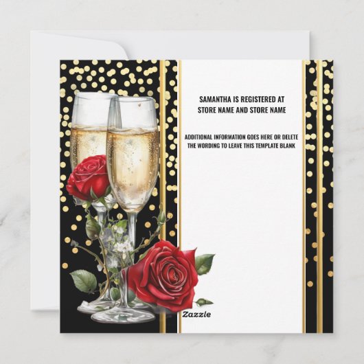 Zwart gouden roos mousserende wijn bruids feestdagenkaart (Achterkant)