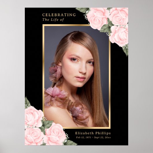 Zwart Gouden Roze Bloem Foto Herdenkings- Rouwdien Poster (Voorkant)