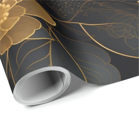 Zwart & gouden rozen kerstpatroon cadeaupapier (Rol Hoek)