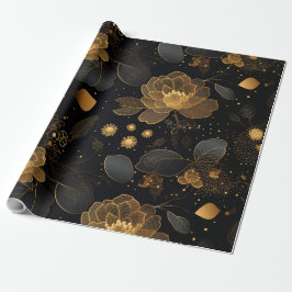 Zwart & gouden rozen kerstpatroon cadeaupapier