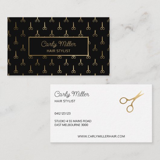 Zwart & Gouden Schaar Patroon Haar Stylist Salon Visitekaartje (Voorkant / Achterkant)