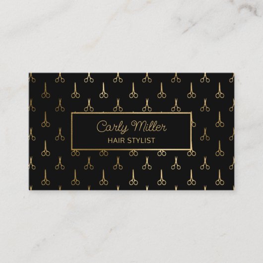 Zwart & Gouden Schaar Patroon Haar Stylist Salon Visitekaartje (Voorkant)
